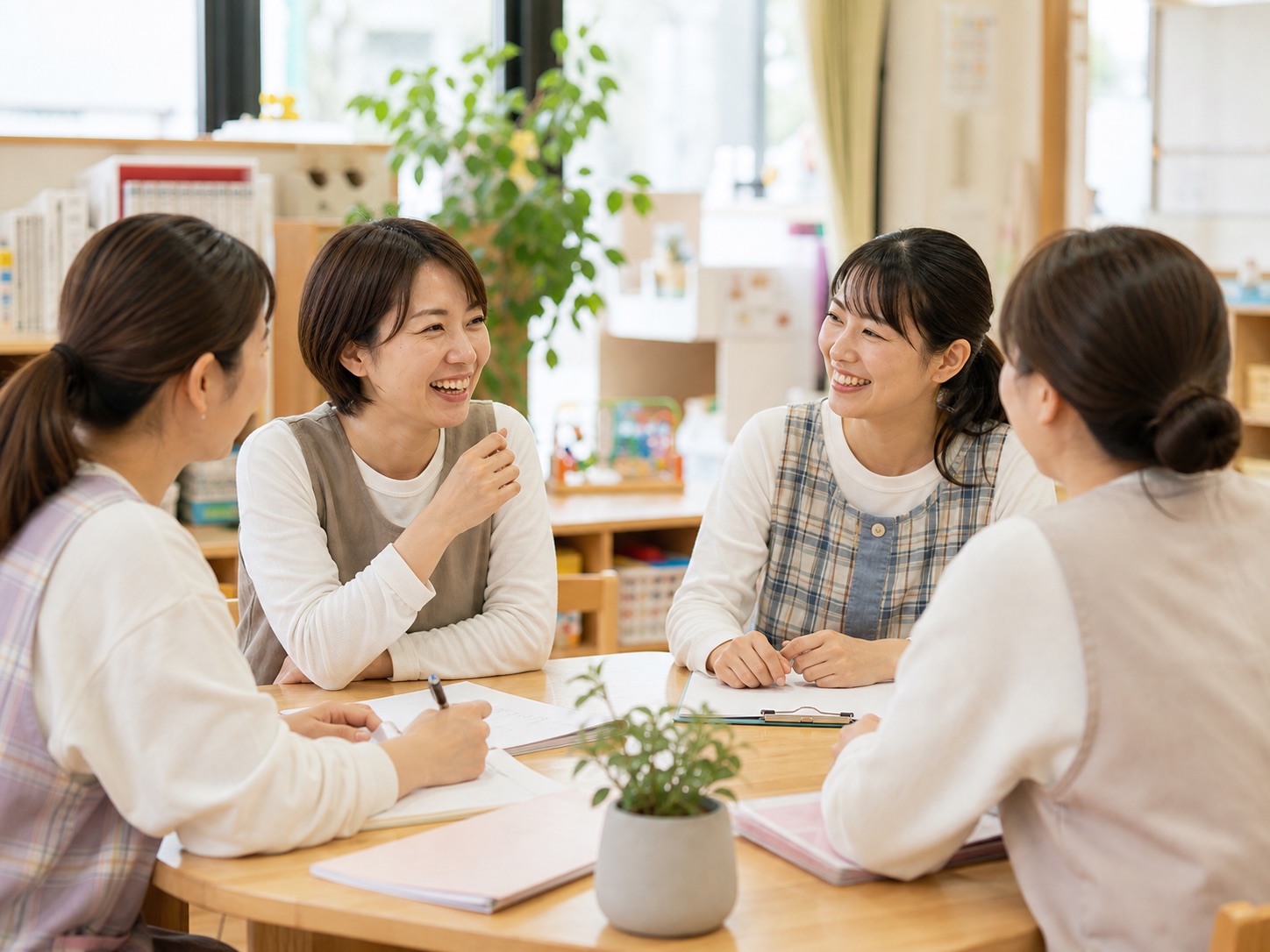 保育園の先生たちが楽しそうに話している様子